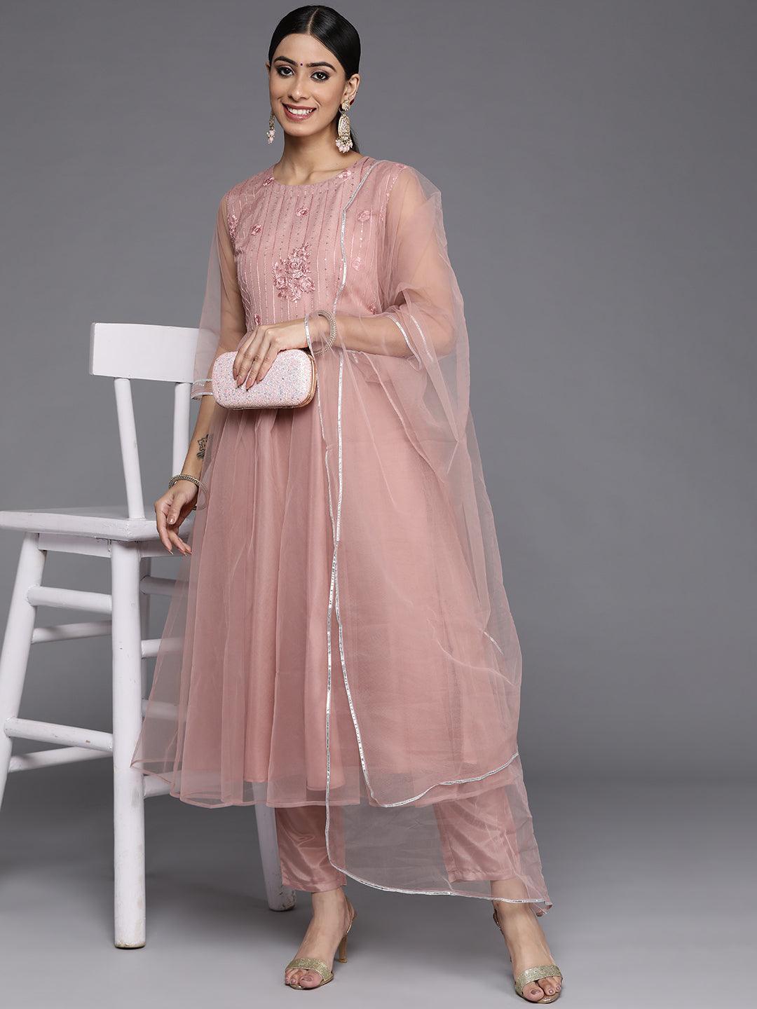 Mauve Embroidered Net Anarkali Kurta With Trousers & Dupatta