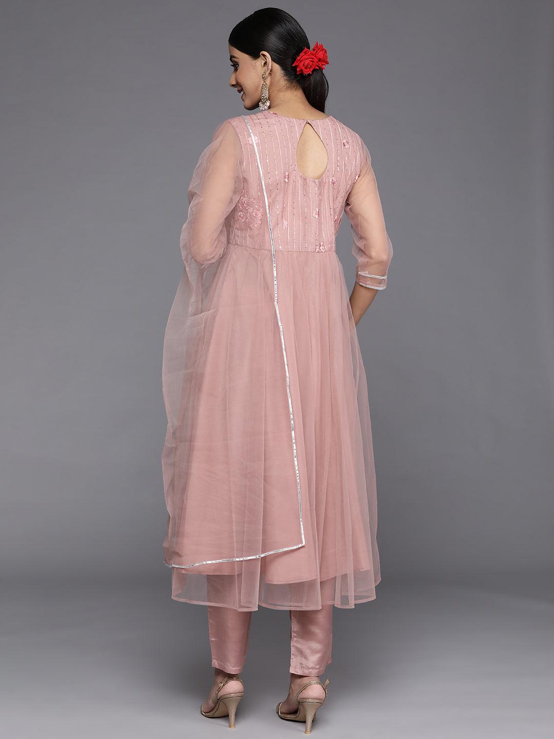 Mauve Embroidered Net Anarkali Kurta With Trousers & Dupatta