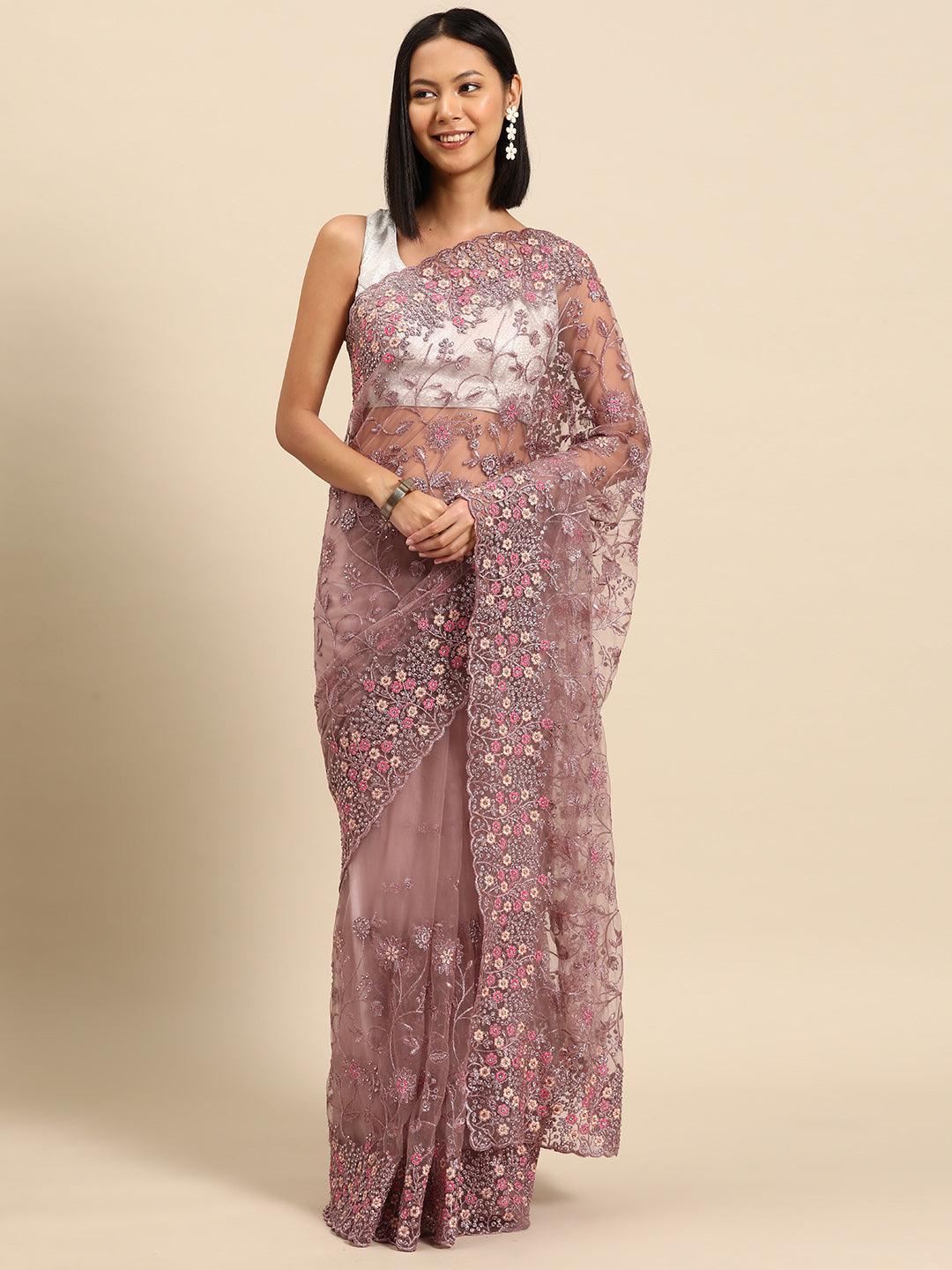 Mauve Embroidered Net Saree