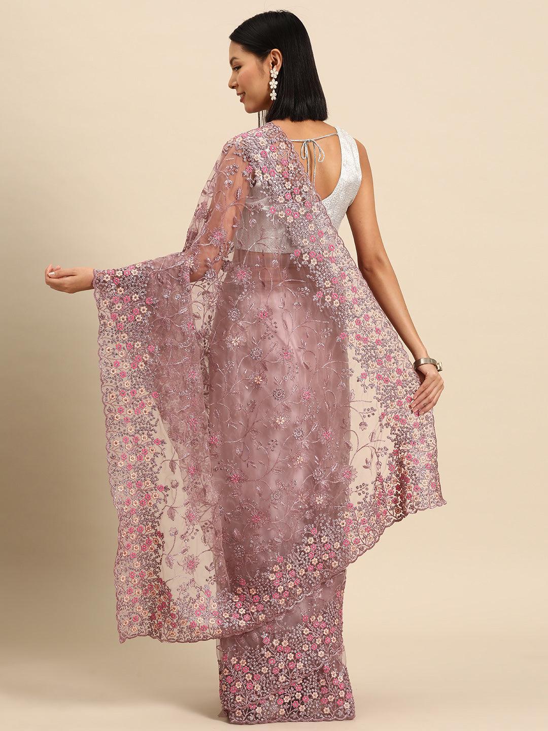 Mauve Embroidered Net Saree