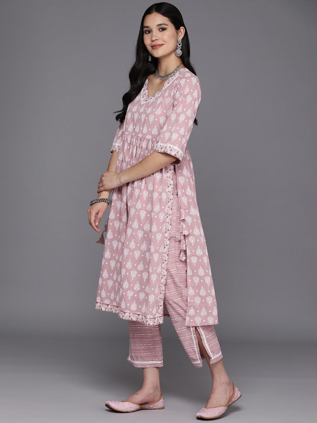 Mauve Printed Cotton A-Line Suit Set With Trousers - Libas