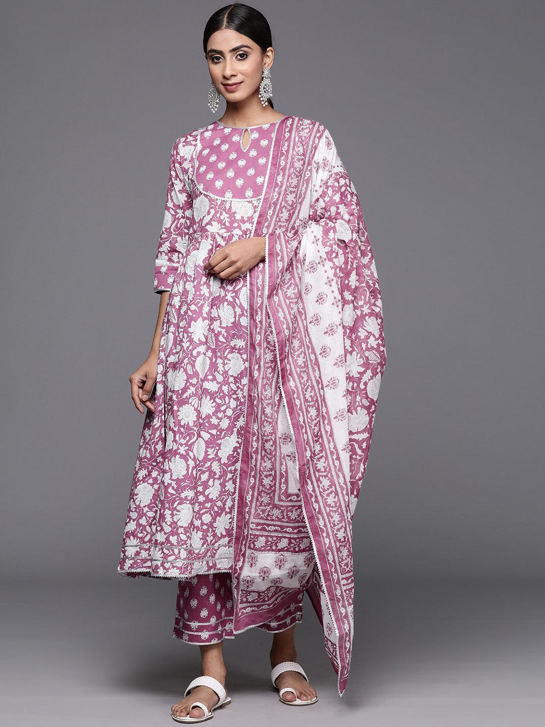 Mauve Printed Cotton Anarkali Kurta With Trousers & Dupatta