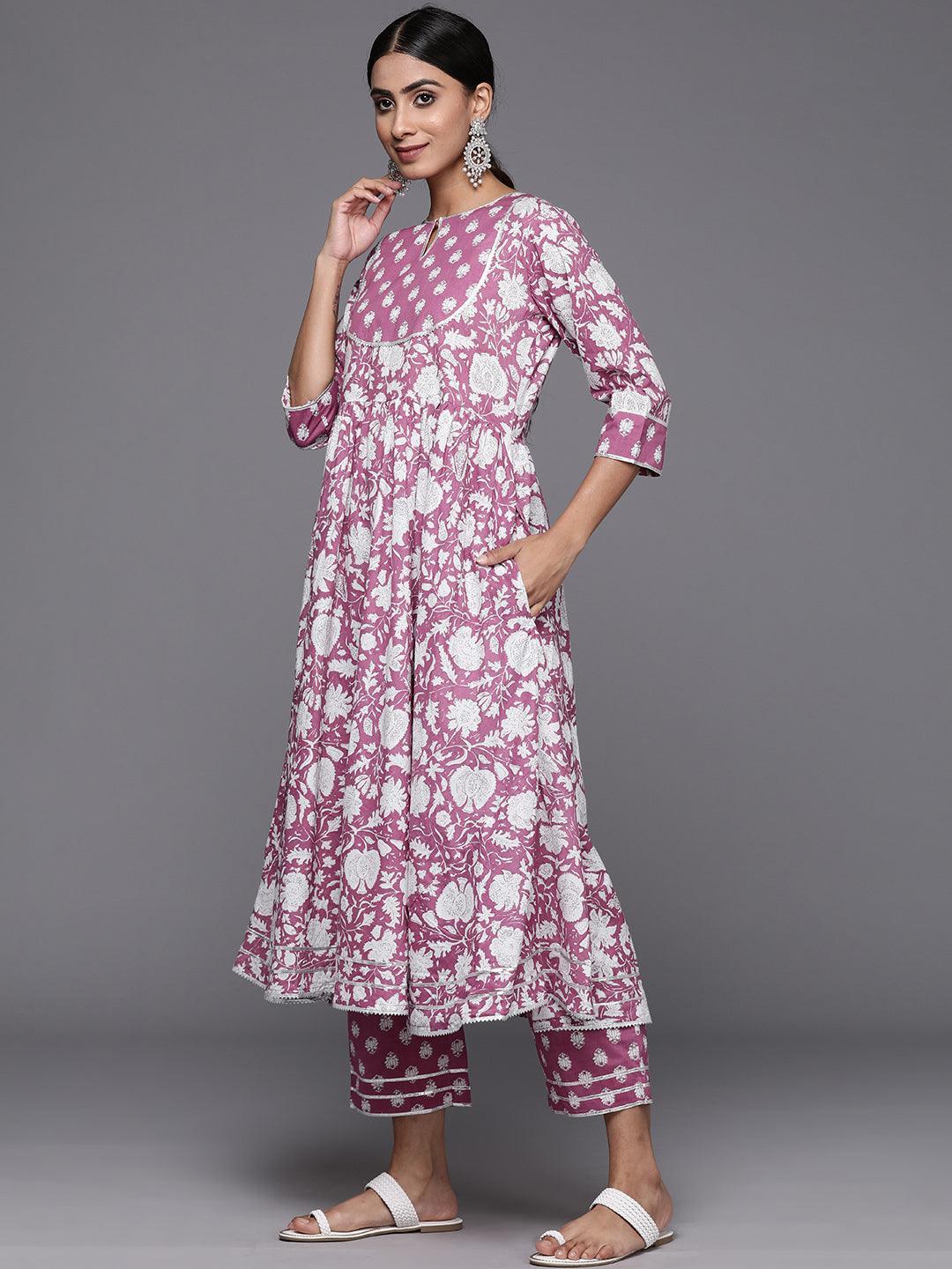 Mauve Printed Cotton Anarkali Kurta With Trousers & Dupatta