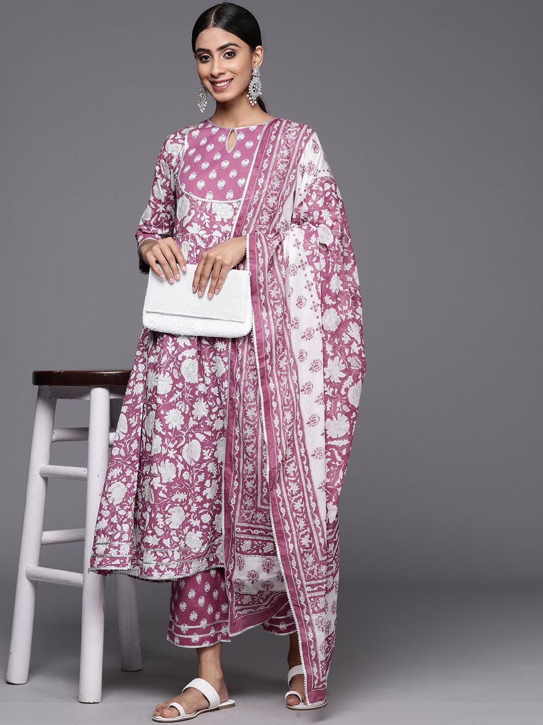 Mauve Printed Cotton Anarkali Kurta With Trousers & Dupatta