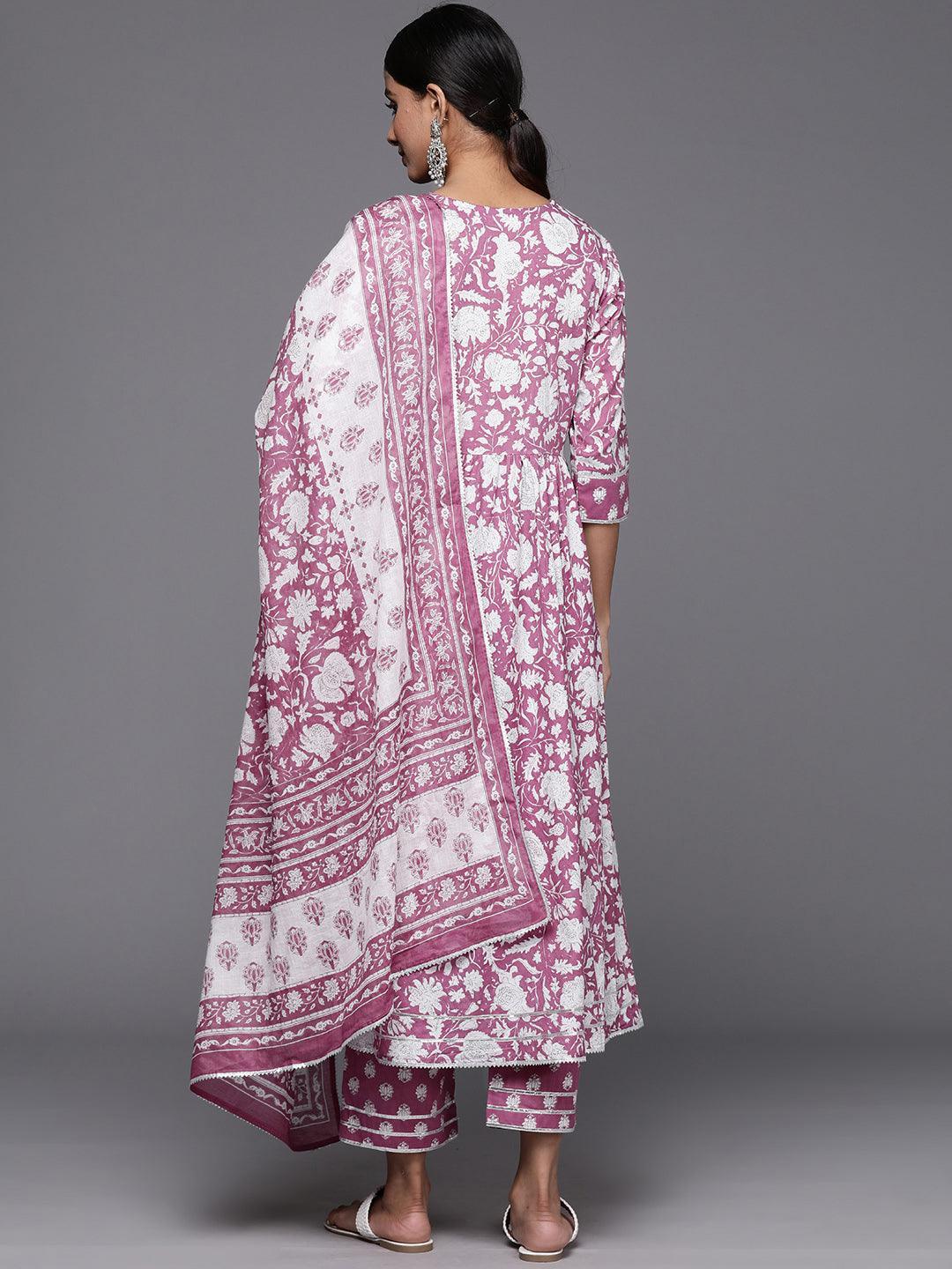 Mauve Printed Cotton Anarkali Kurta With Trousers & Dupatta