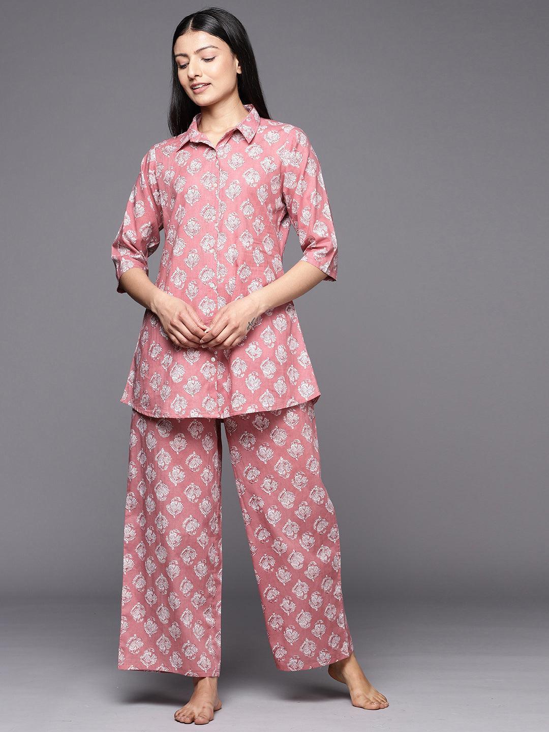 Mauve Printed Cotton Night Suit - ShopLibas