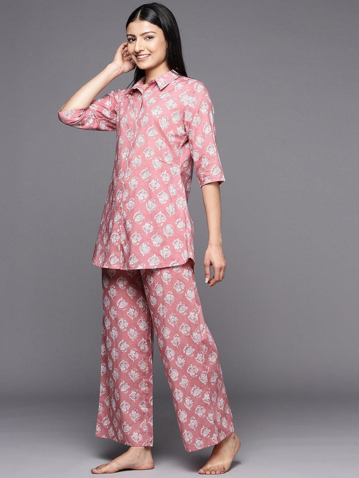 Mauve Printed Cotton Night Suit - ShopLibas