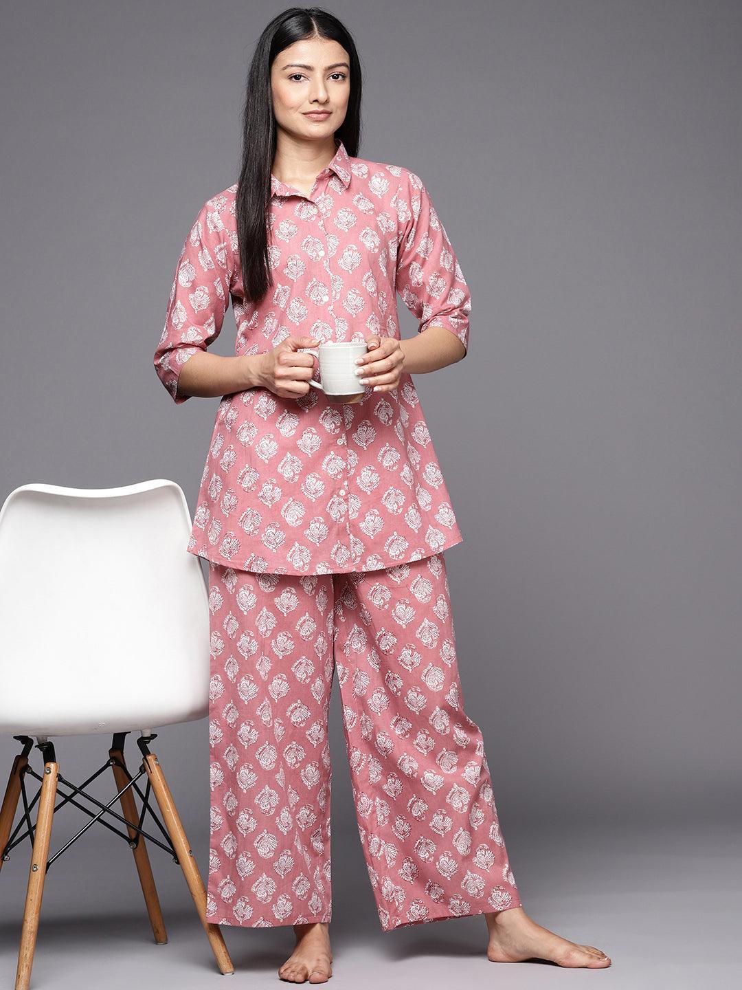 Mauve Printed Cotton Night Suit