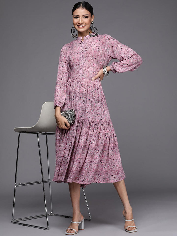 Mauve Printed Georgette Fit and Flared Dress - ShopLibas