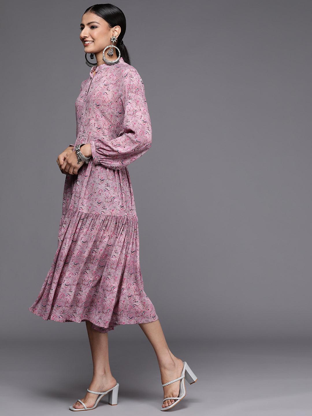 Mauve Printed Georgette Fit and Flared Dress - ShopLibas