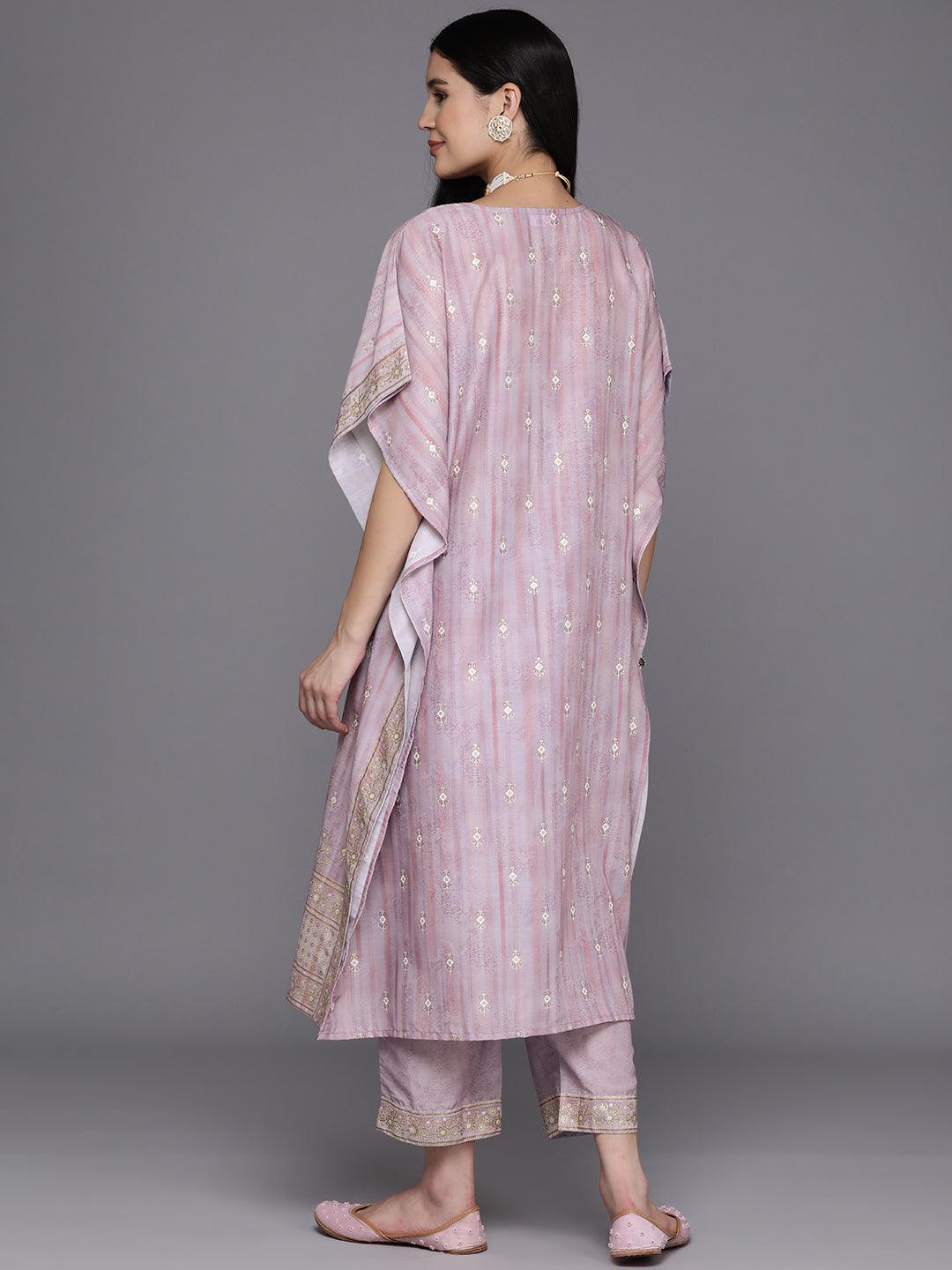 Mauve Printed Silk Blend Kaftan Kurta Set With Trousers - Libas