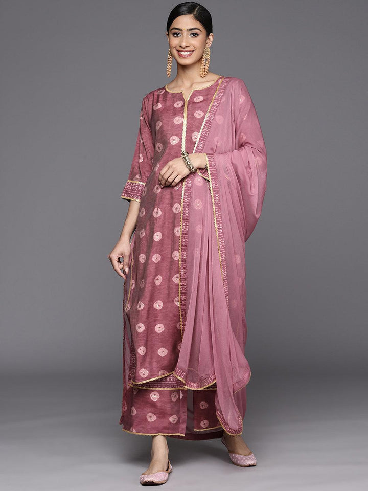 Mauve Printed Silk Blend Straight Suit Set With Palazzos - ShopLibas