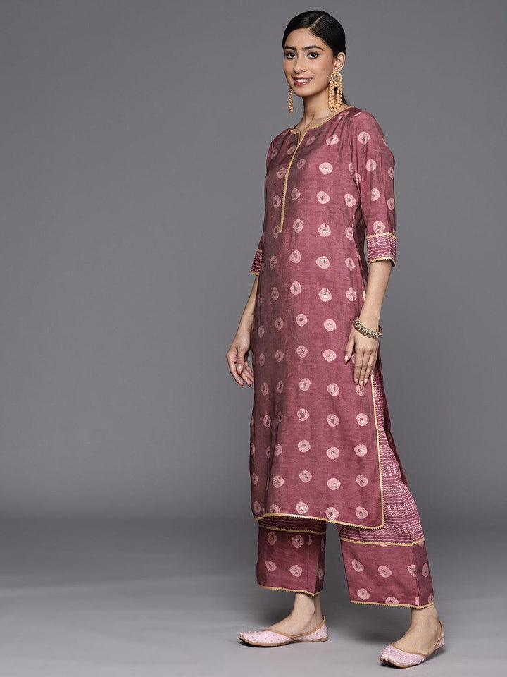 Mauve Printed Silk Blend Straight Suit Set With Palazzos - ShopLibas