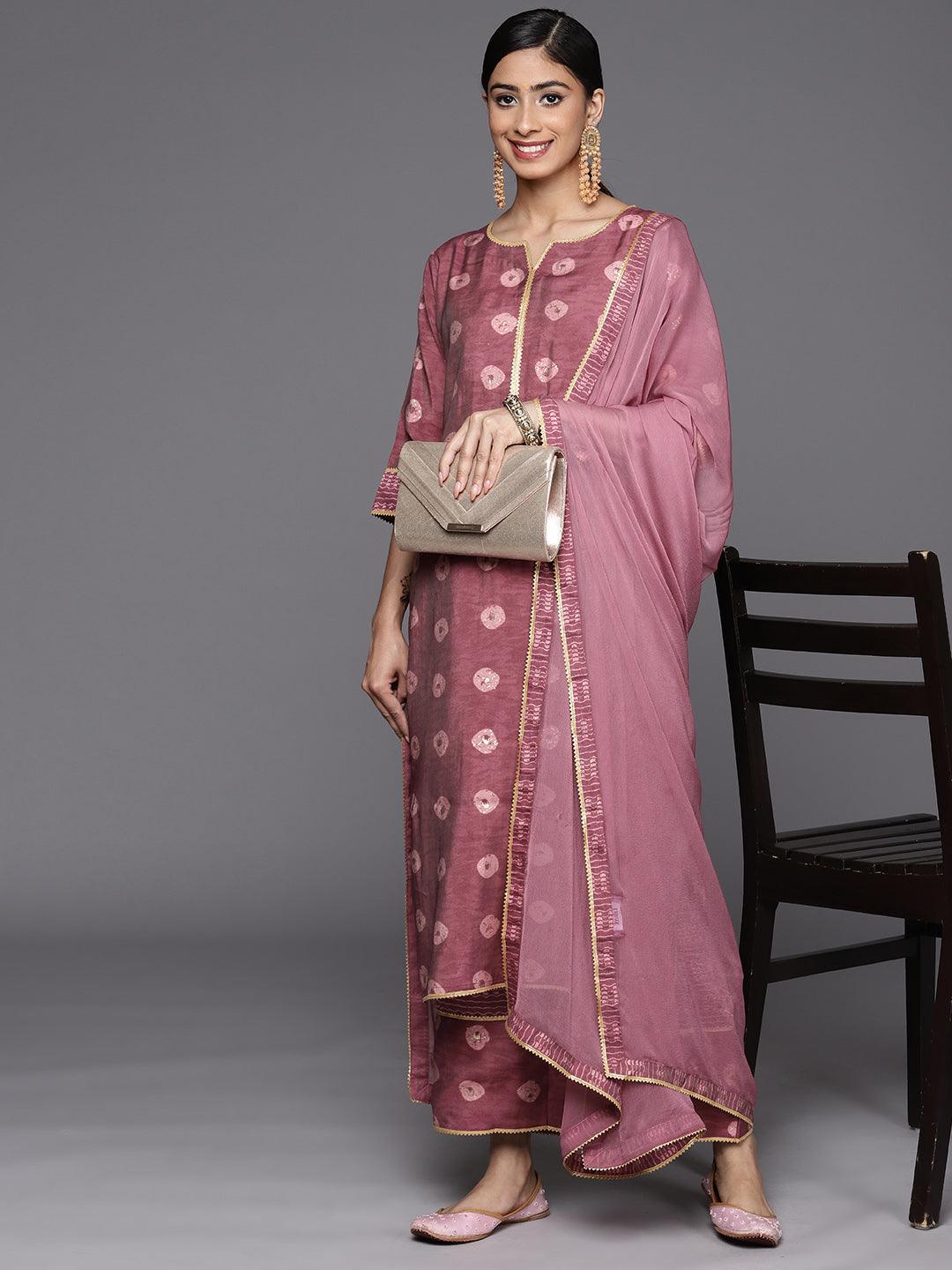 Mauve Printed Silk Blend Straight Suit Set With Palazzos - ShopLibas