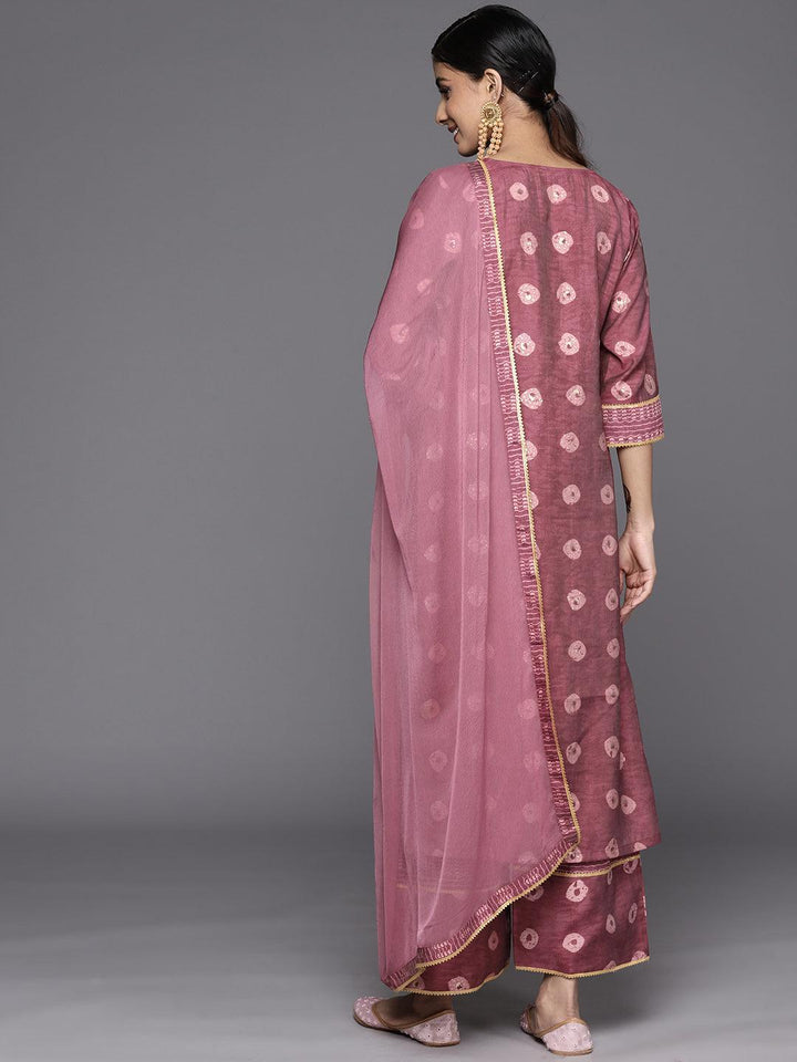 Mauve Printed Silk Blend Straight Suit Set With Palazzos - ShopLibas