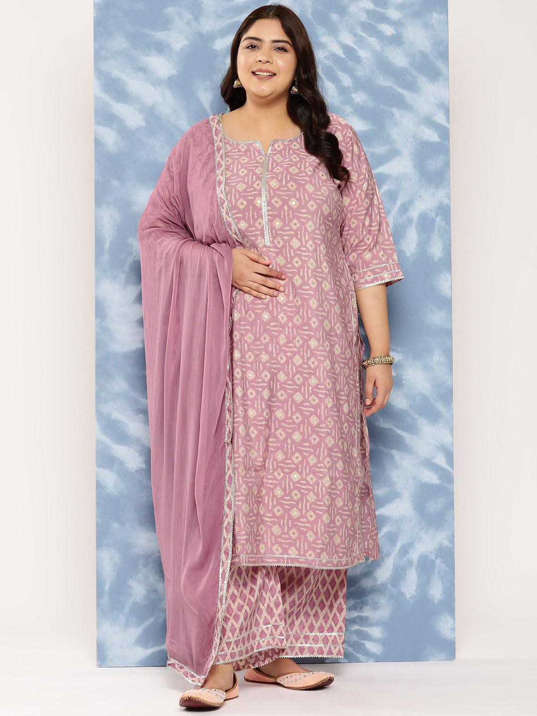 Mauve Printed Silk Blend Straight Kurta With Trousers and Dupatta - Libas