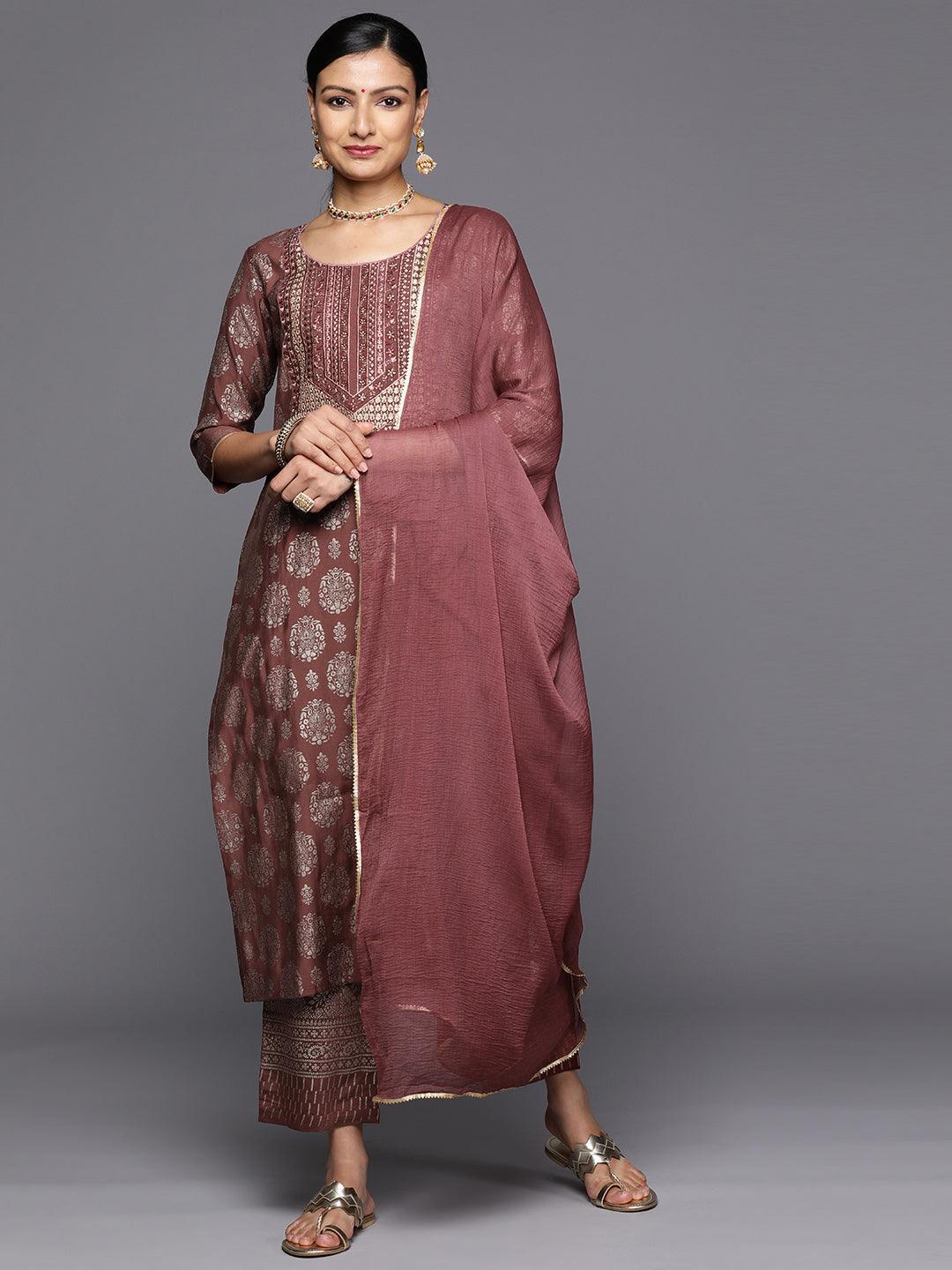 Mauve Printed Silk Blend Straight Kurta With Trousers & Dupatta