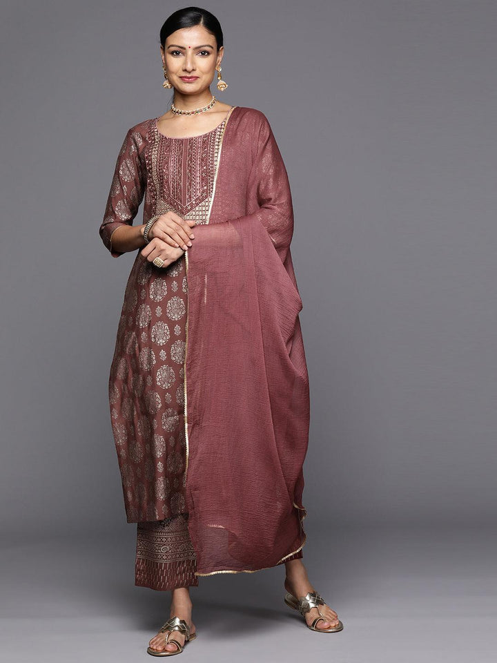 Mauve Printed Silk Blend Straight Kurta With Trousers & Dupatta - Libas