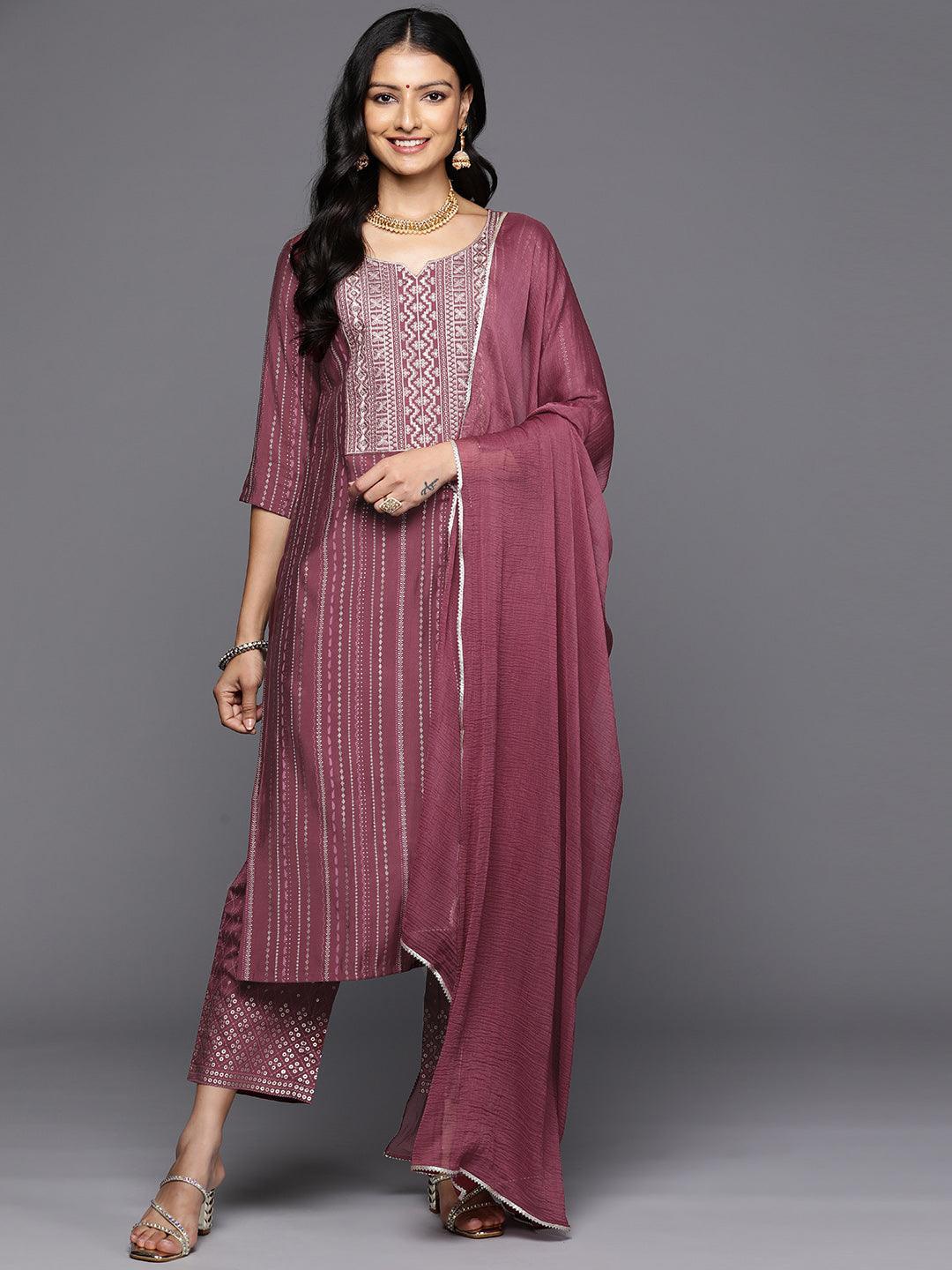 Mauve Printed Silk Blend Straight Kurta With Trousers & Dupatta - Libas