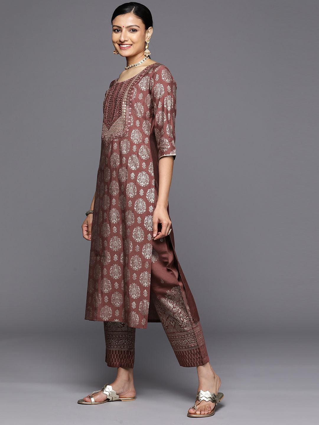 Mauve Printed Silk Blend Straight Kurta With Trousers & Dupatta