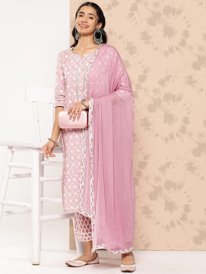 Mauve Printed Silk Blend Straight Kurta With Trousers and Dupatta - Libas