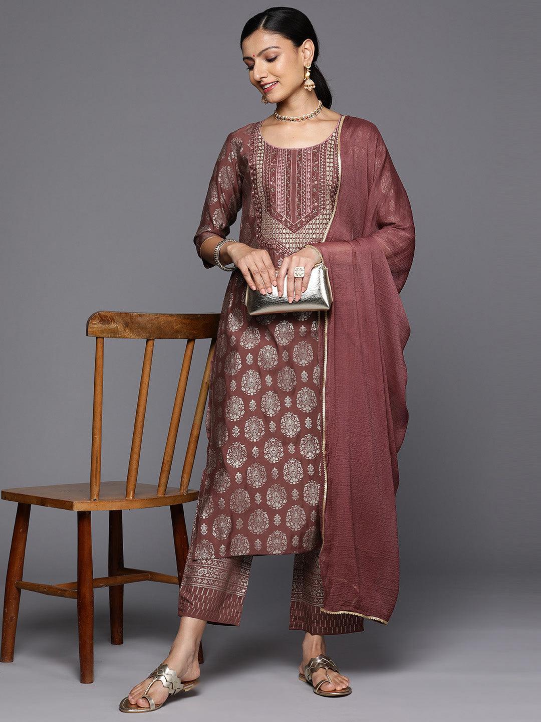 Mauve Printed Silk Blend Straight Kurta With Trousers & Dupatta