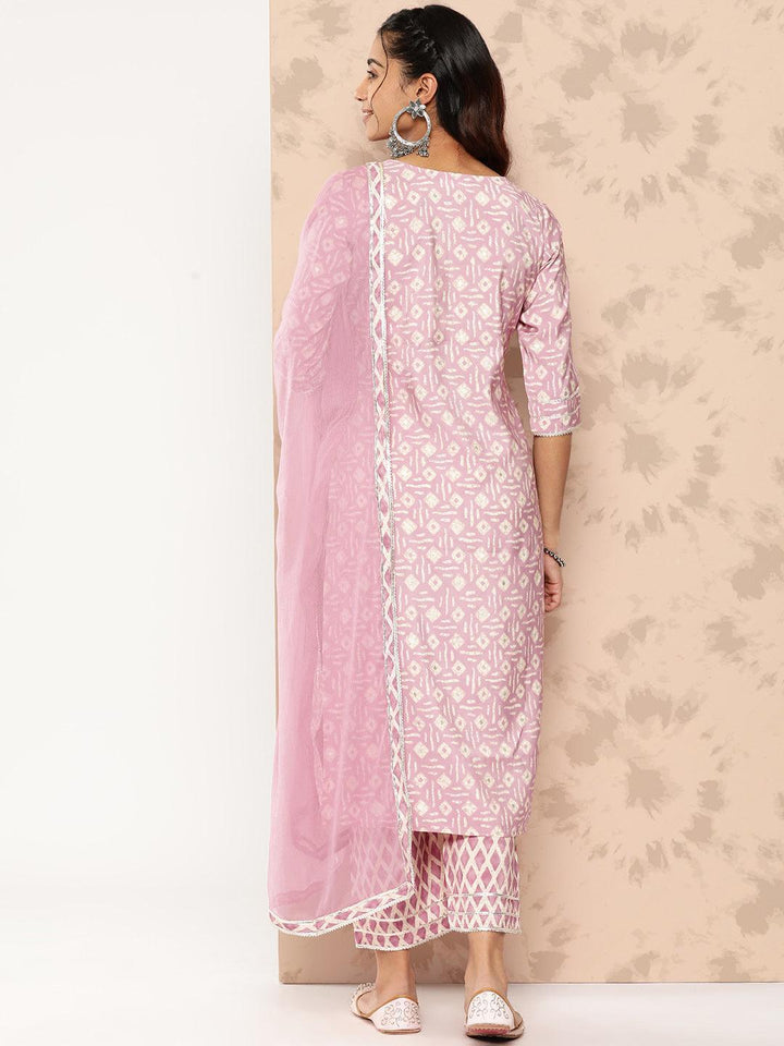 Mauve Printed Silk Blend Straight Kurta With Trousers and Dupatta - Libas