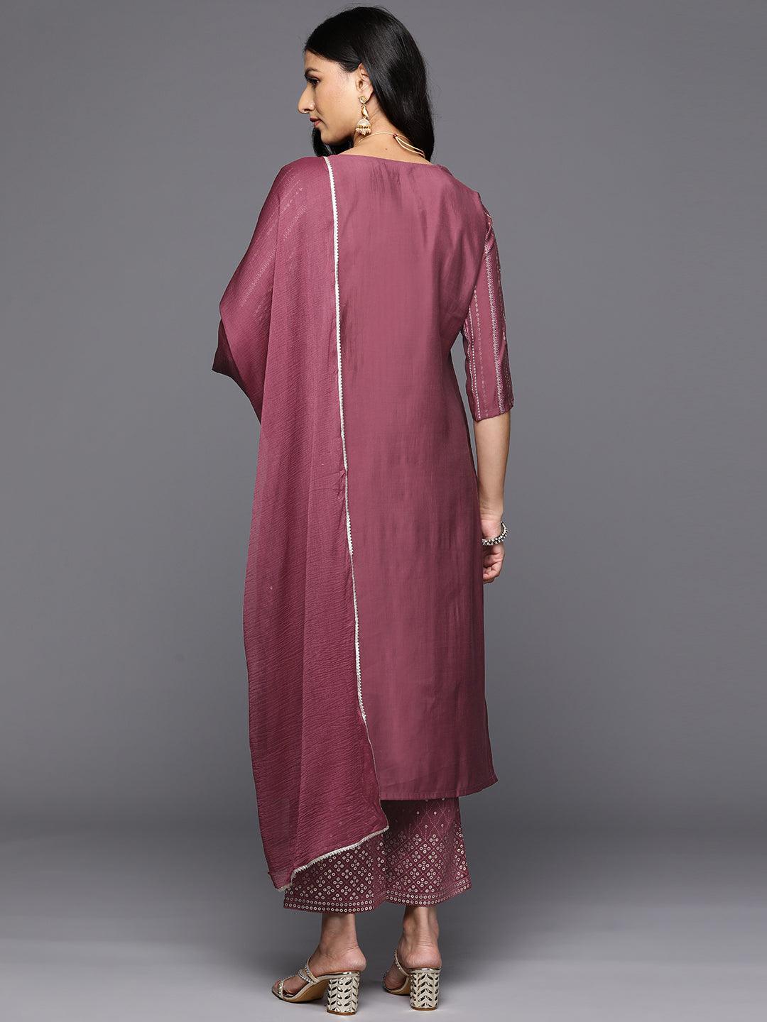 Mauve Printed Silk Blend Straight Kurta With Trousers & Dupatta - Libas