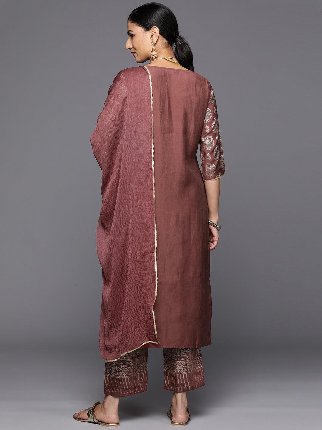 Mauve Printed Silk Blend Straight Kurta With Trousers & Dupatta