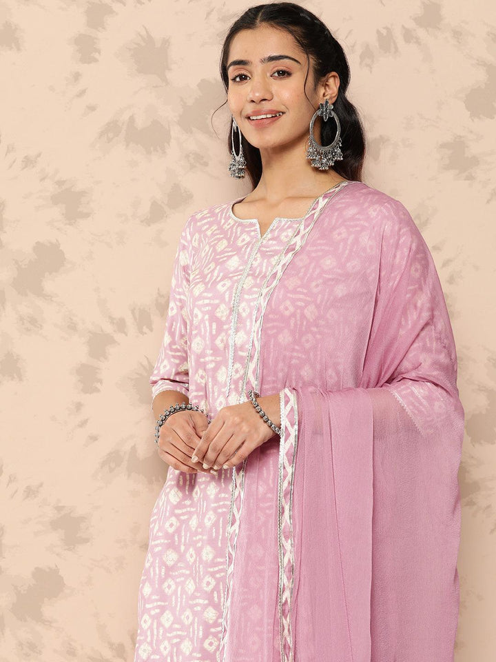 Mauve Printed Silk Blend Straight Kurta With Trousers and Dupatta - Libas