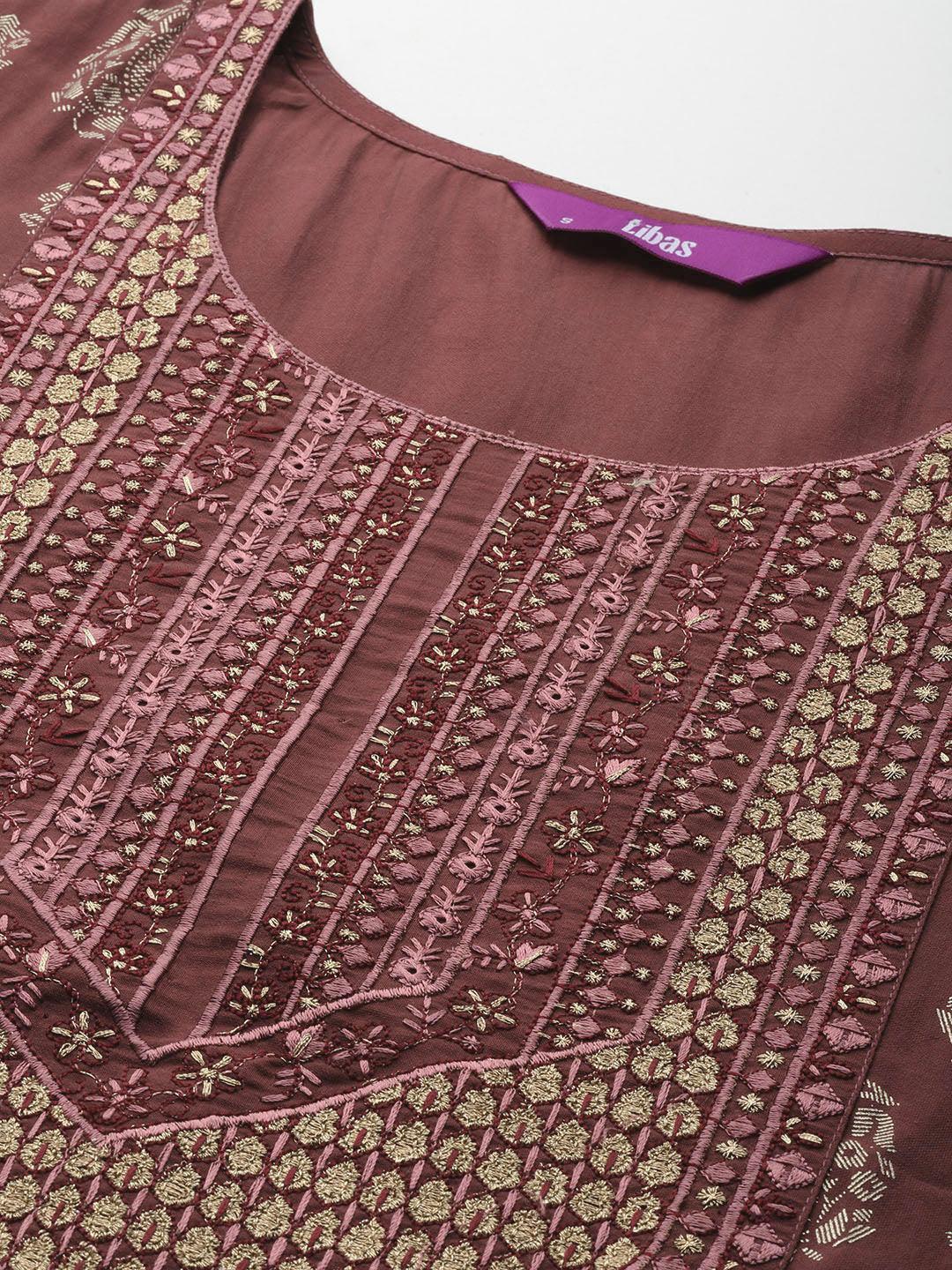 Mauve Printed Silk Blend Straight Kurta With Trousers & Dupatta