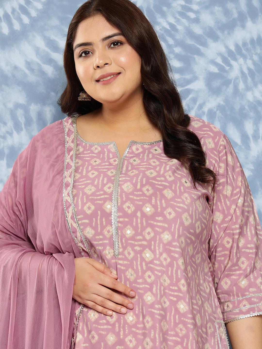 Mauve Printed Silk Blend Straight Kurta With Trousers and Dupatta - Libas