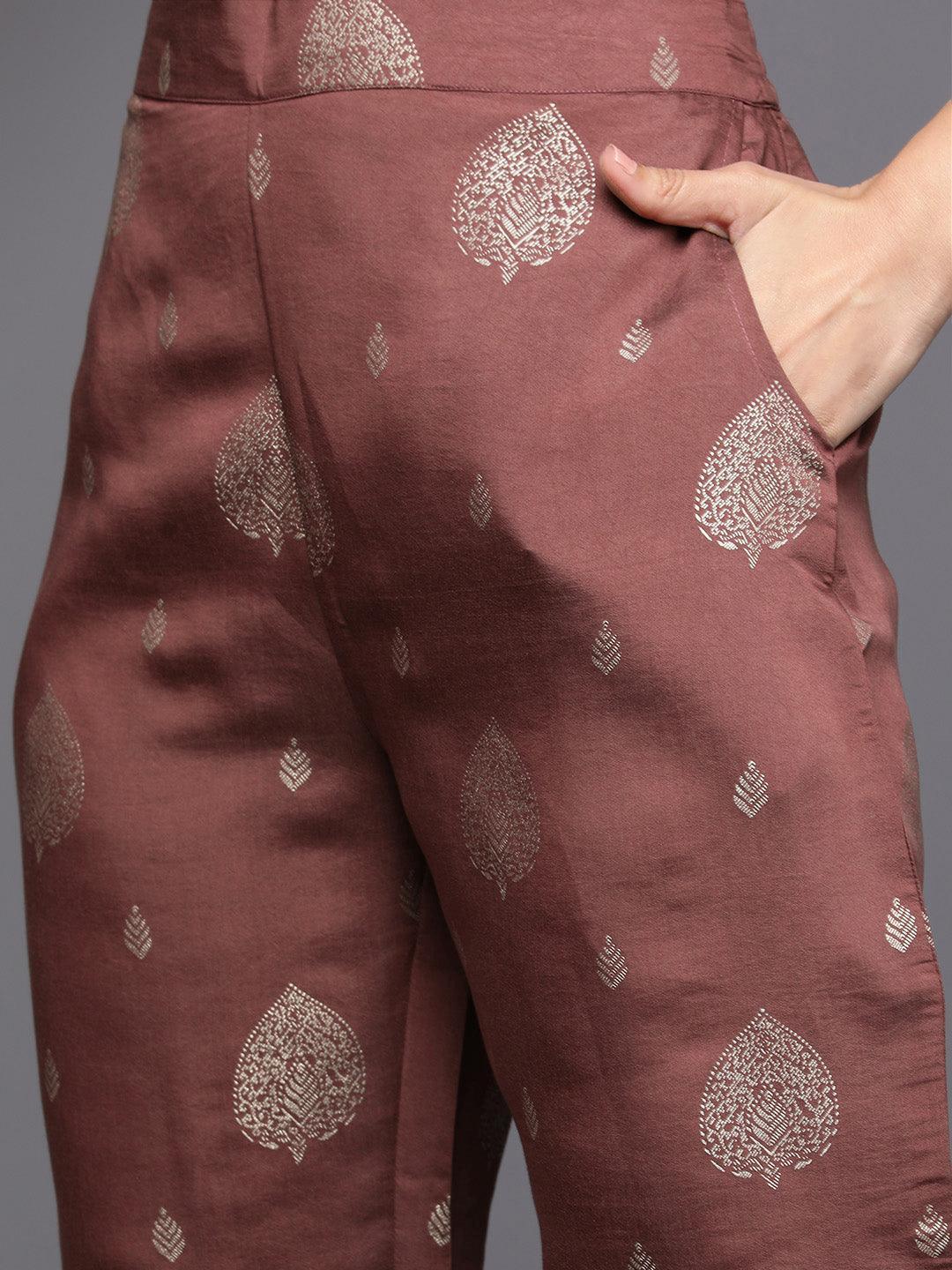 Mauve Printed Silk Blend Straight Kurta With Trousers & Dupatta