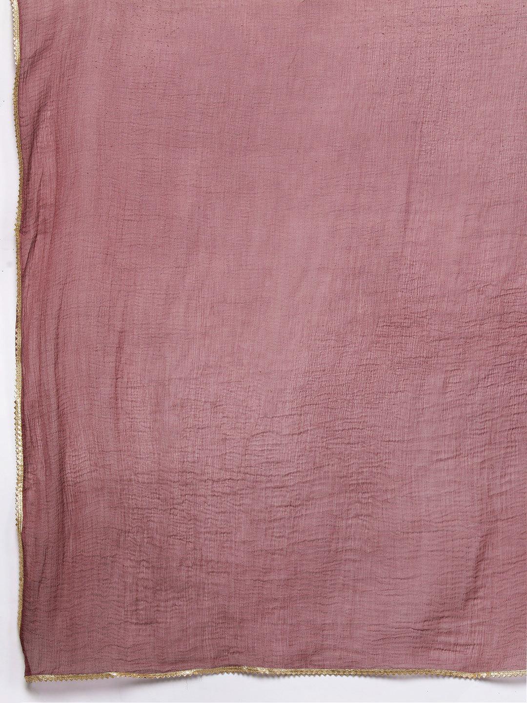 Mauve Printed Silk Blend Straight Kurta With Trousers & Dupatta