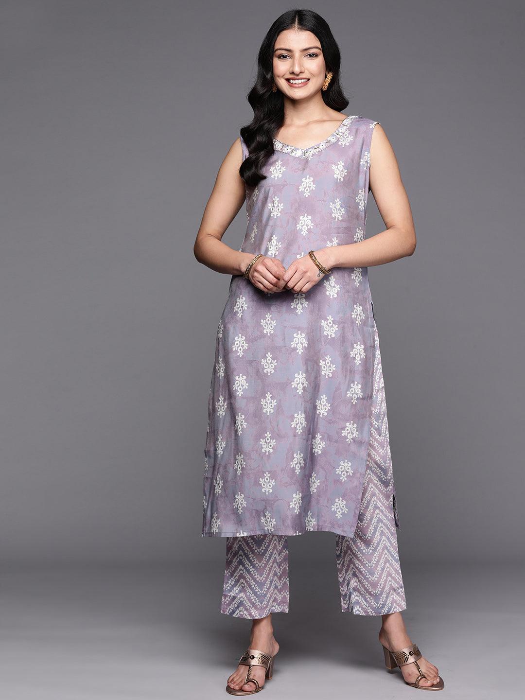 Mauve Printed Silk Blend Straight Kurta Set With Trousers - ShopLibas