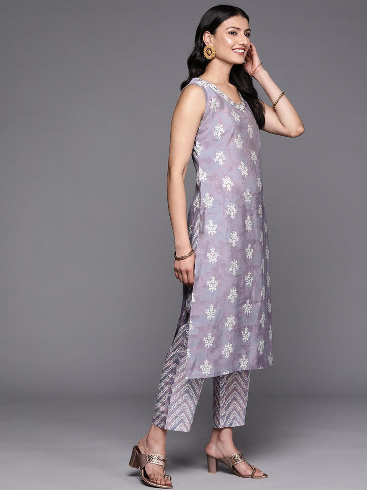 Mauve Printed Silk Blend Straight Kurta Set With Trousers - ShopLibas