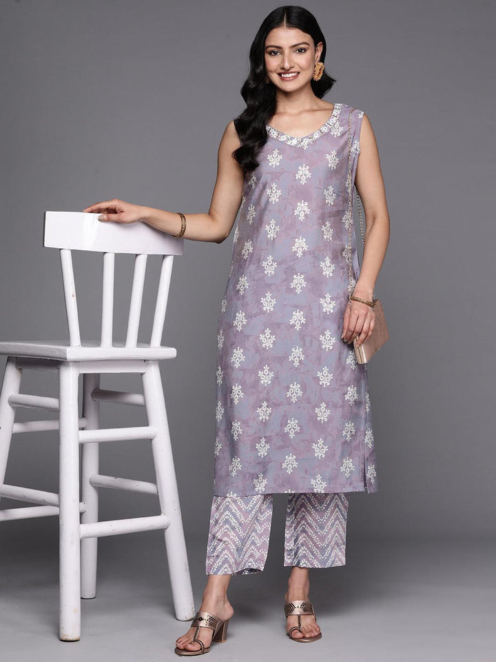 Mauve Printed Silk Blend Straight Kurta Set With Trousers - ShopLibas