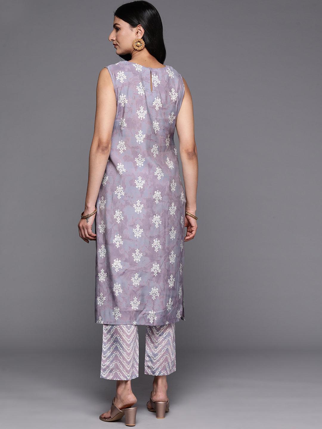 Mauve Printed Silk Blend Straight Kurta Set With Trousers - ShopLibas