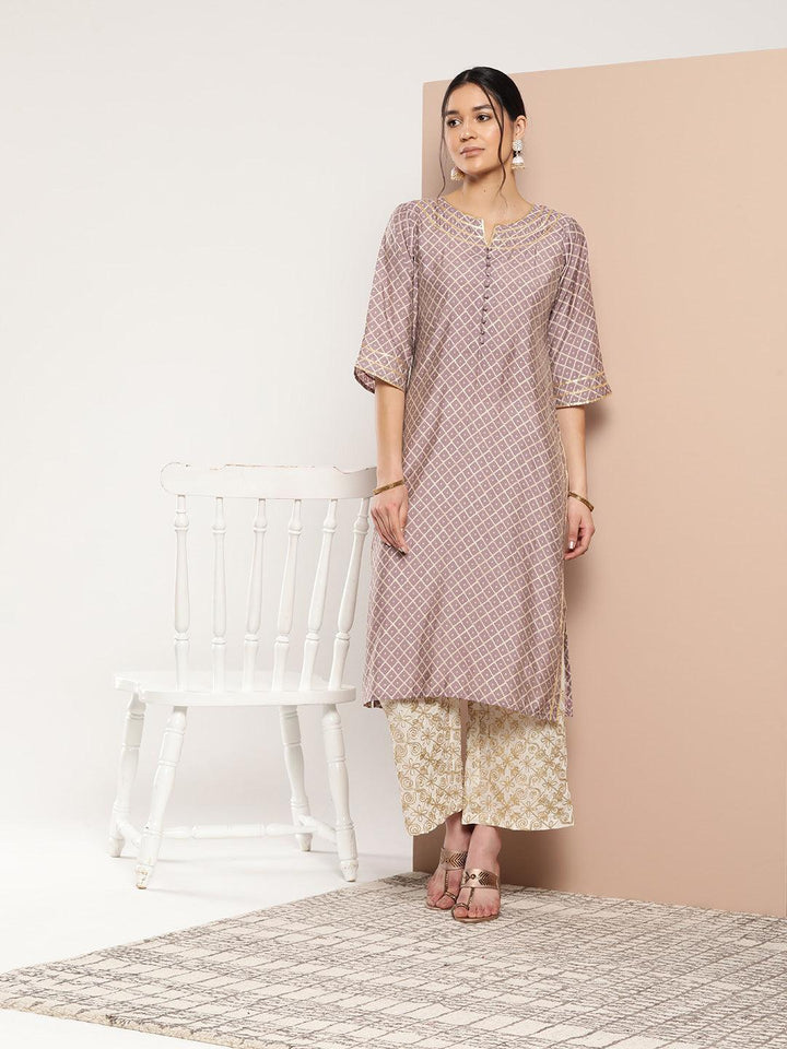 Mauve Printed Silk Straight Kurta - ShopLibas