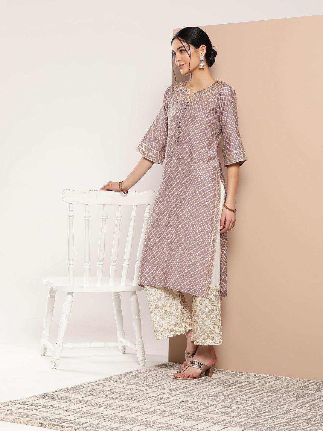 Mauve Printed Silk Straight Kurta - ShopLibas