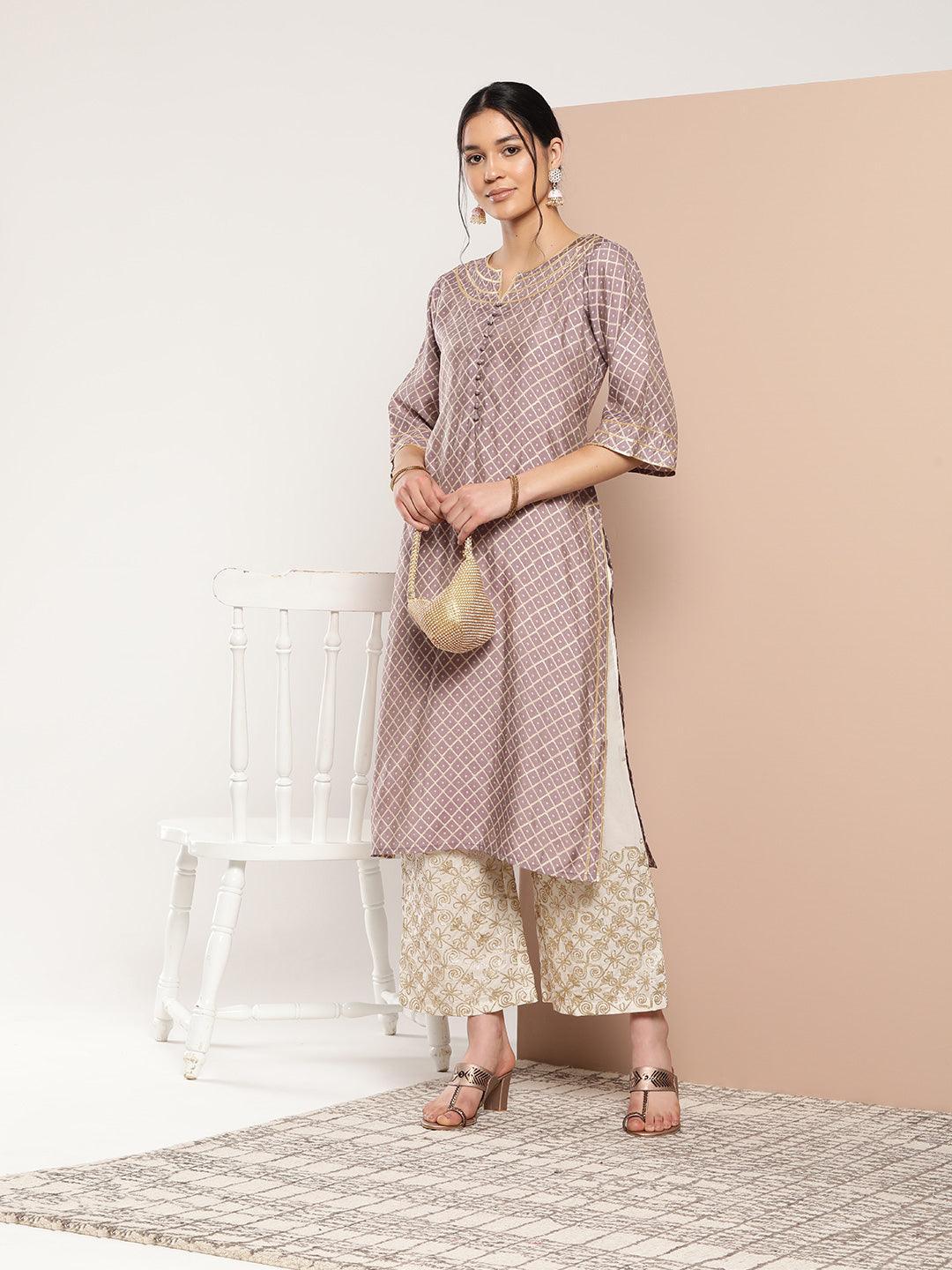 Mauve Printed Silk Straight Kurta - ShopLibas