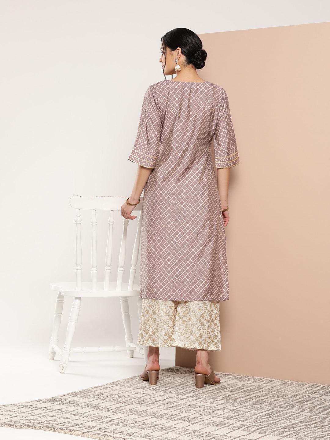 Mauve Printed Silk Straight Kurta - ShopLibas