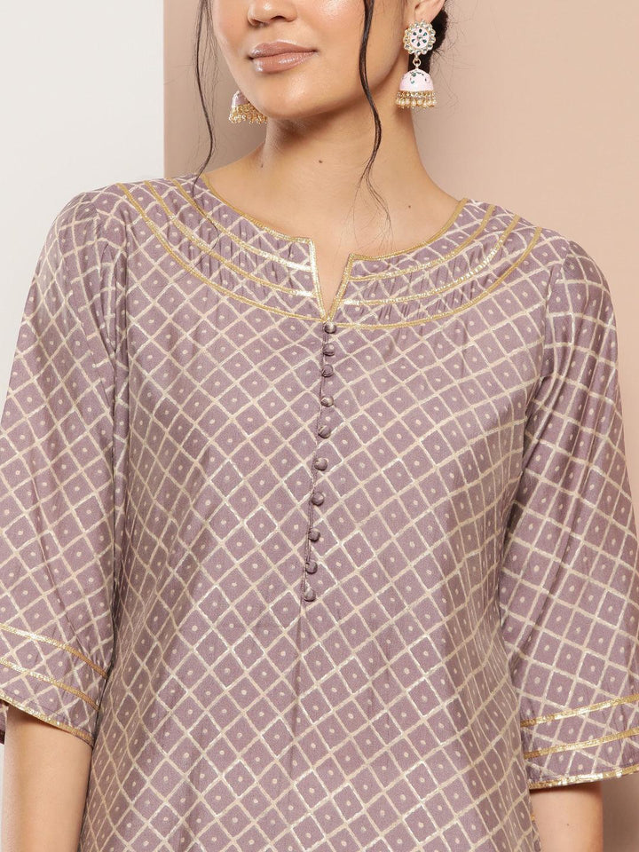 Mauve Printed Silk Straight Kurta - ShopLibas