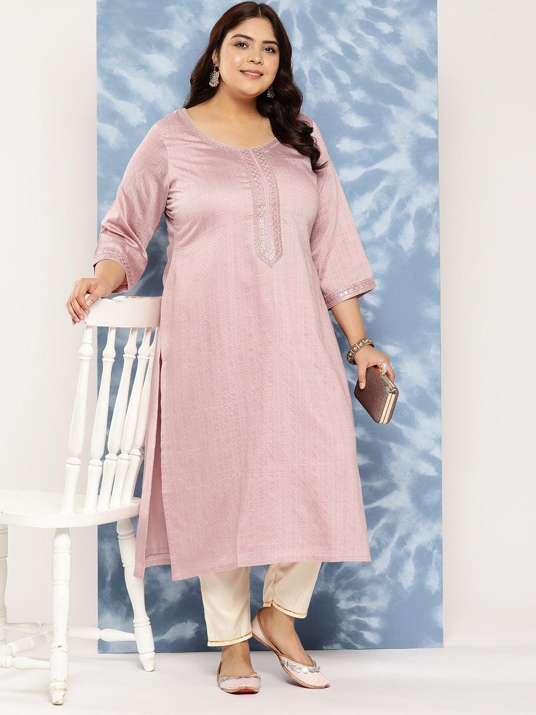 Mauve Woven Design Rayon Straight Kurta - Libas