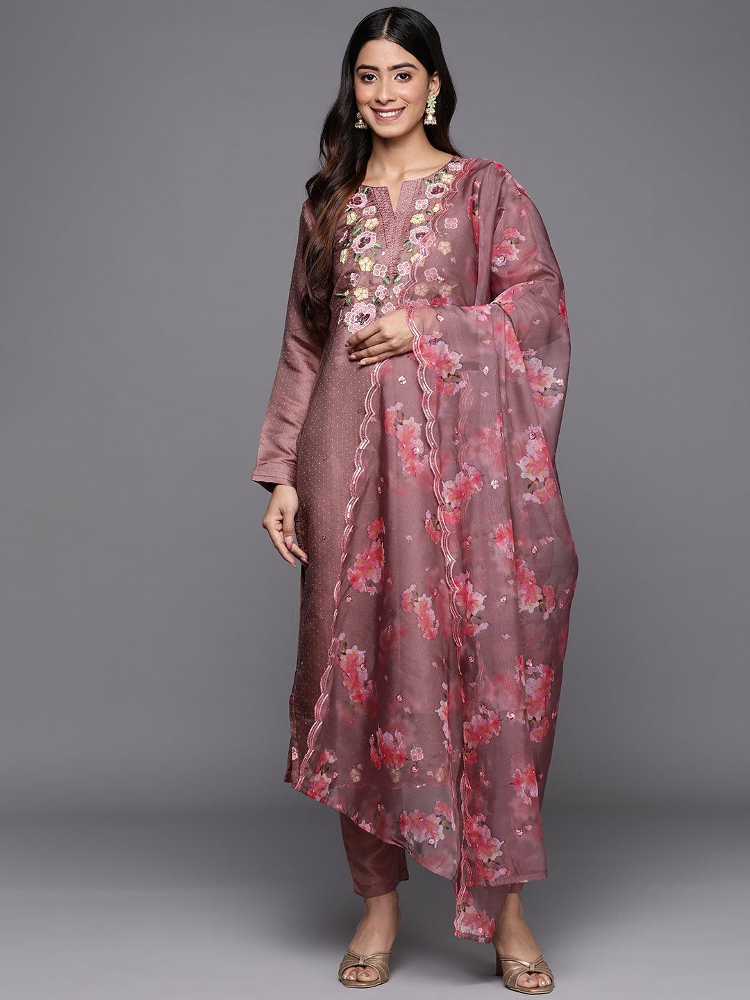 Mauve Yoke Design Silk Blend Straight Suit Set With Trousers