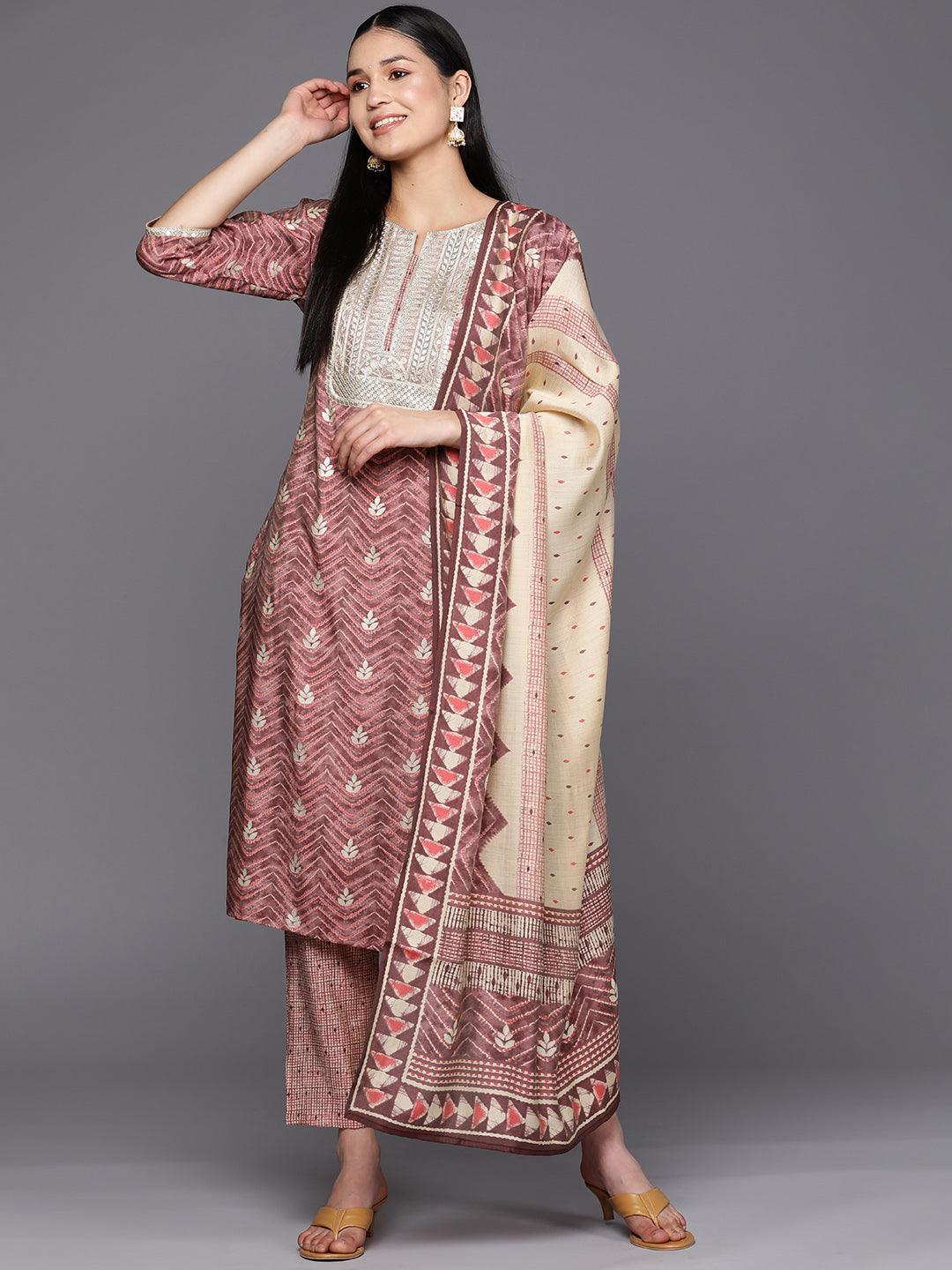 Mauve Yoke Design Silk Blend Straight Suit Set With Trousers