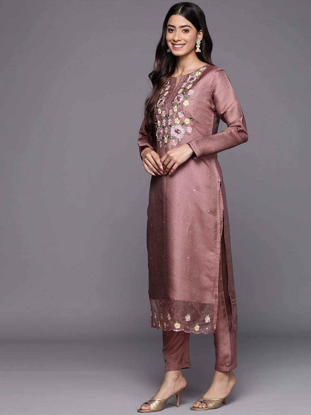 Mauve Yoke Design Silk Blend Straight Suit Set With Trousers