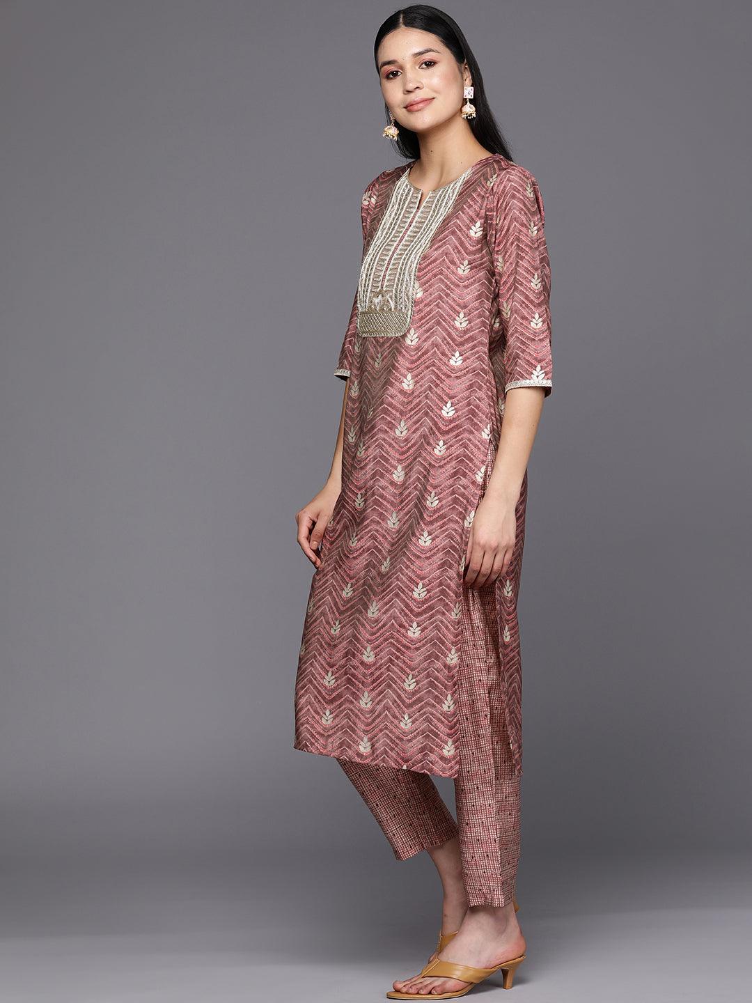 Mauve Yoke Design Silk Blend Straight Suit Set With Trousers