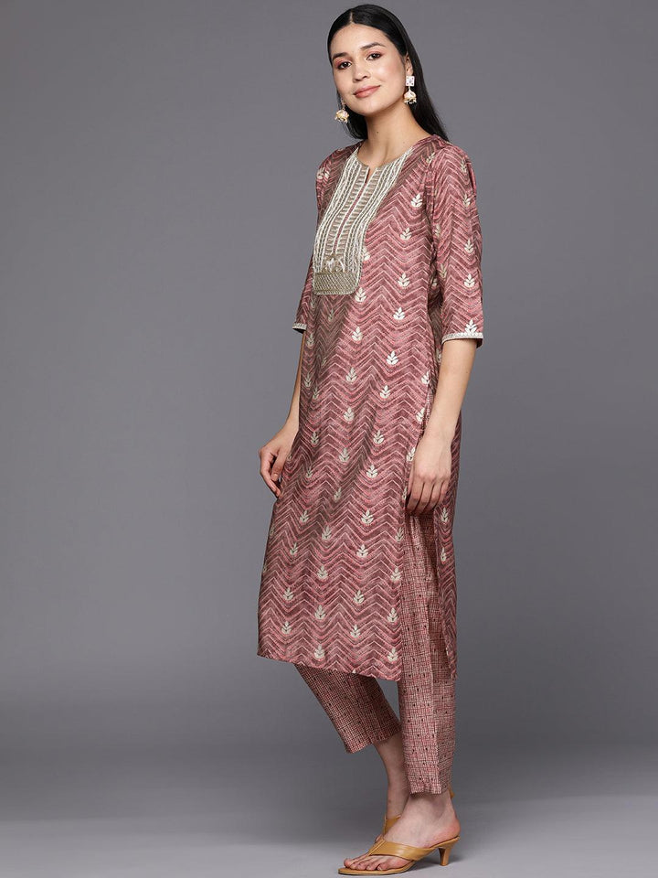 Mauve Yoke Design Silk Blend Straight Suit Set With Trousers - ShopLibas