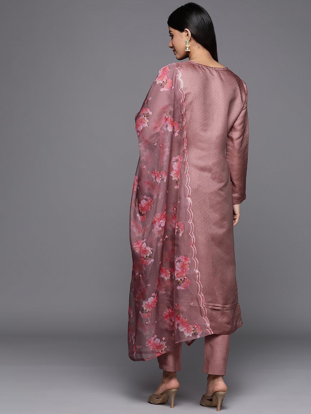 Mauve Yoke Design Silk Blend Straight Suit Set With Trousers